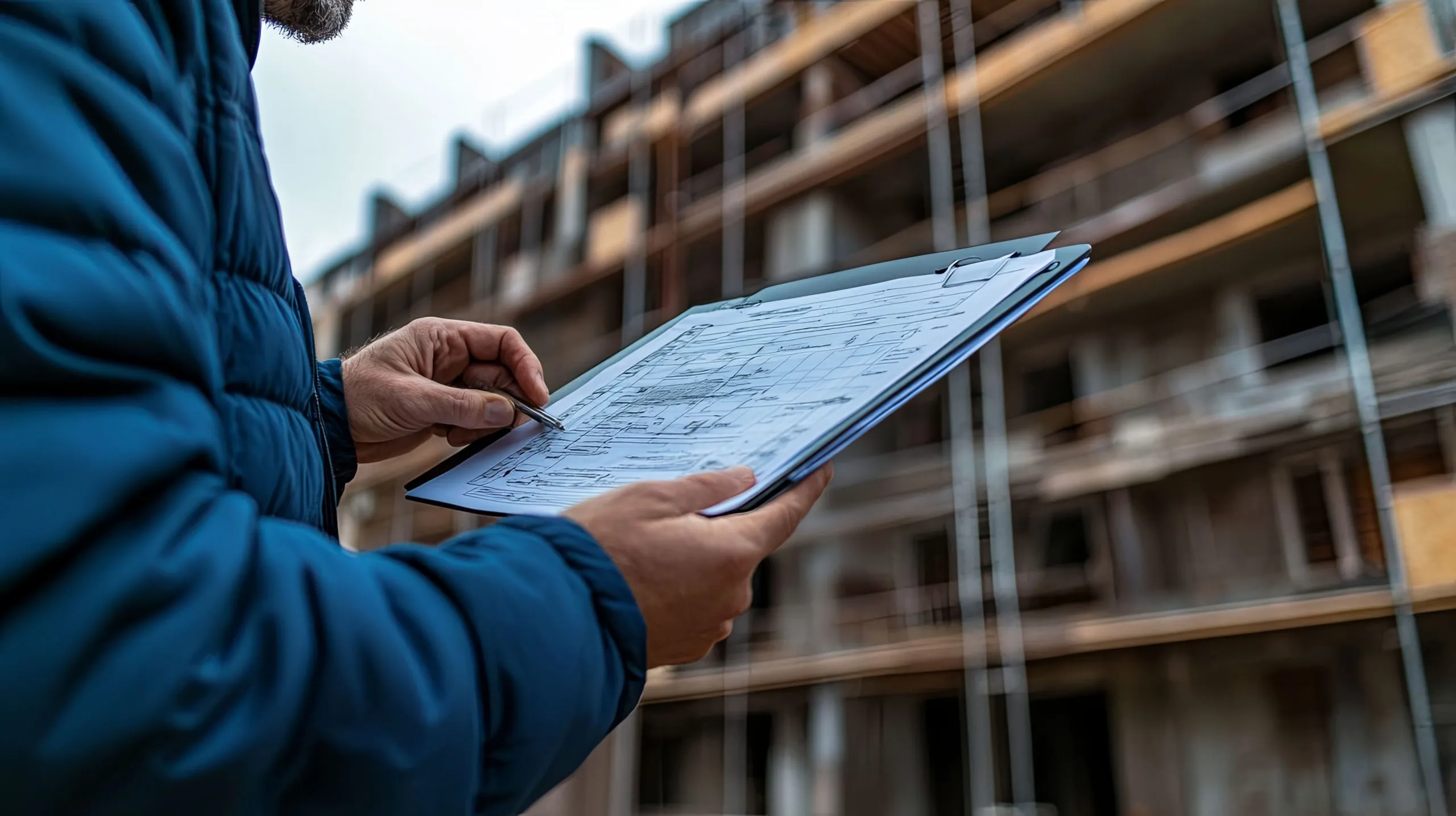 Construction Worker Examining Building Plans Front Unfinished Building